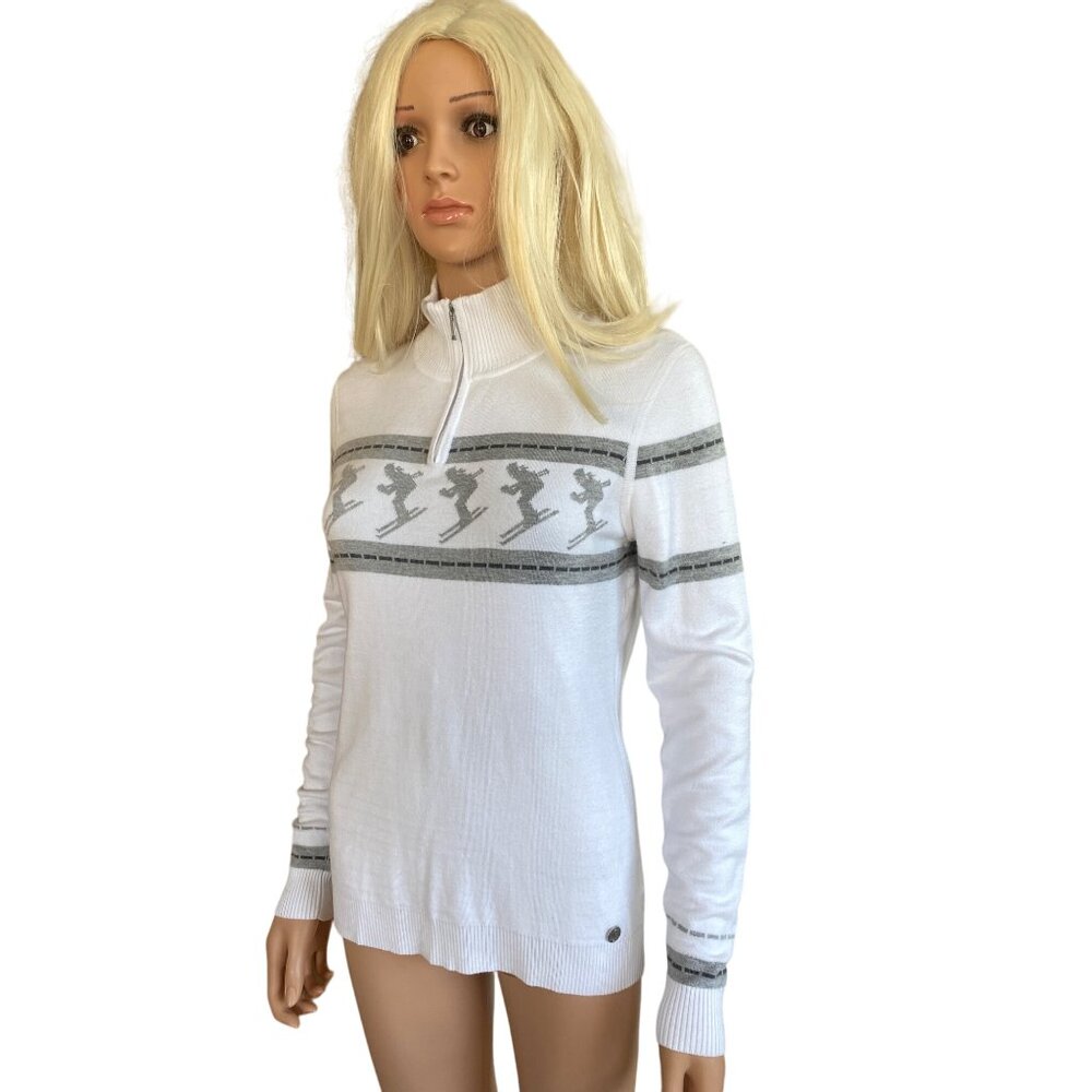Nils Skier 2 Knit Sweater Women's Large White Gray Nordic Après Ski 1/4 Zip - Picture 5 of 13